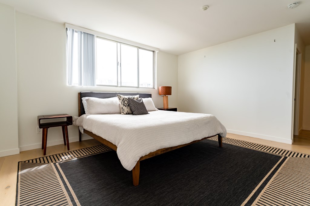 a bedroom with white walls and a black and white rug