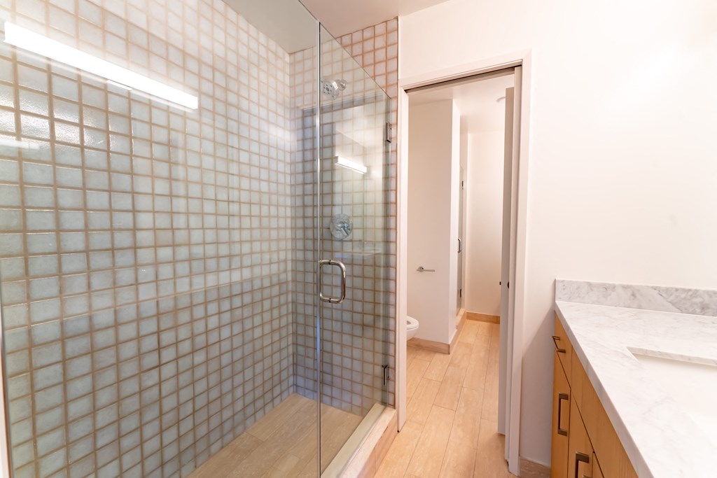 a bathroom with blue tiles and a glass shower door
