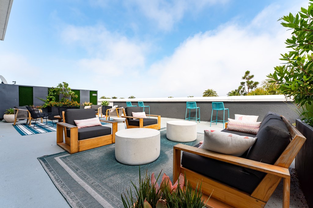 Santa Monica, CA Apartments- San Vicente Tower - Rooftop Resident Lounge with Lounge Seating, Area Rugs, and Views of the Ocean
