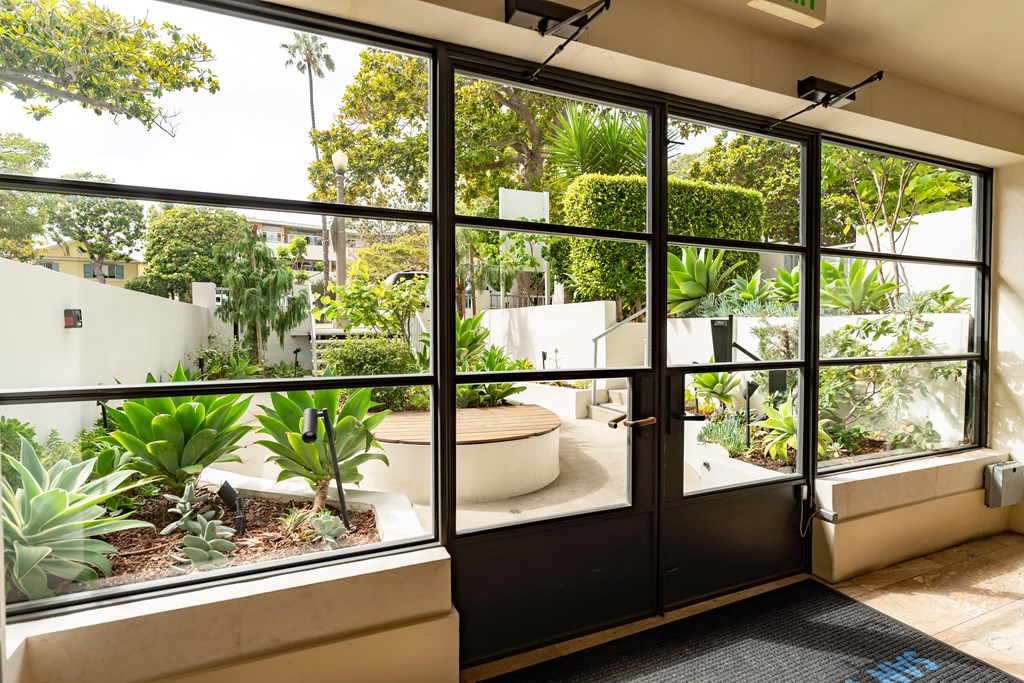 a view of the courtyard from inside the building