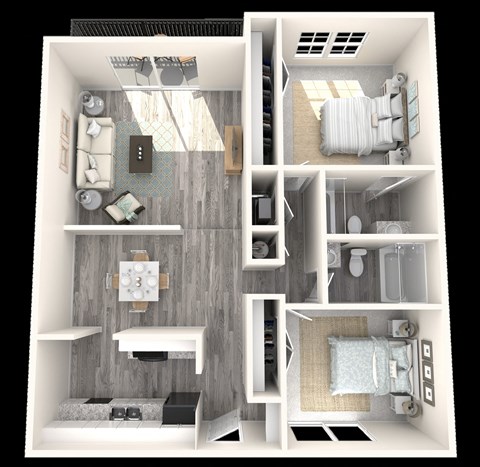 2 Bed, 2 Bath, 1058 sq. ft. Pine floor plan