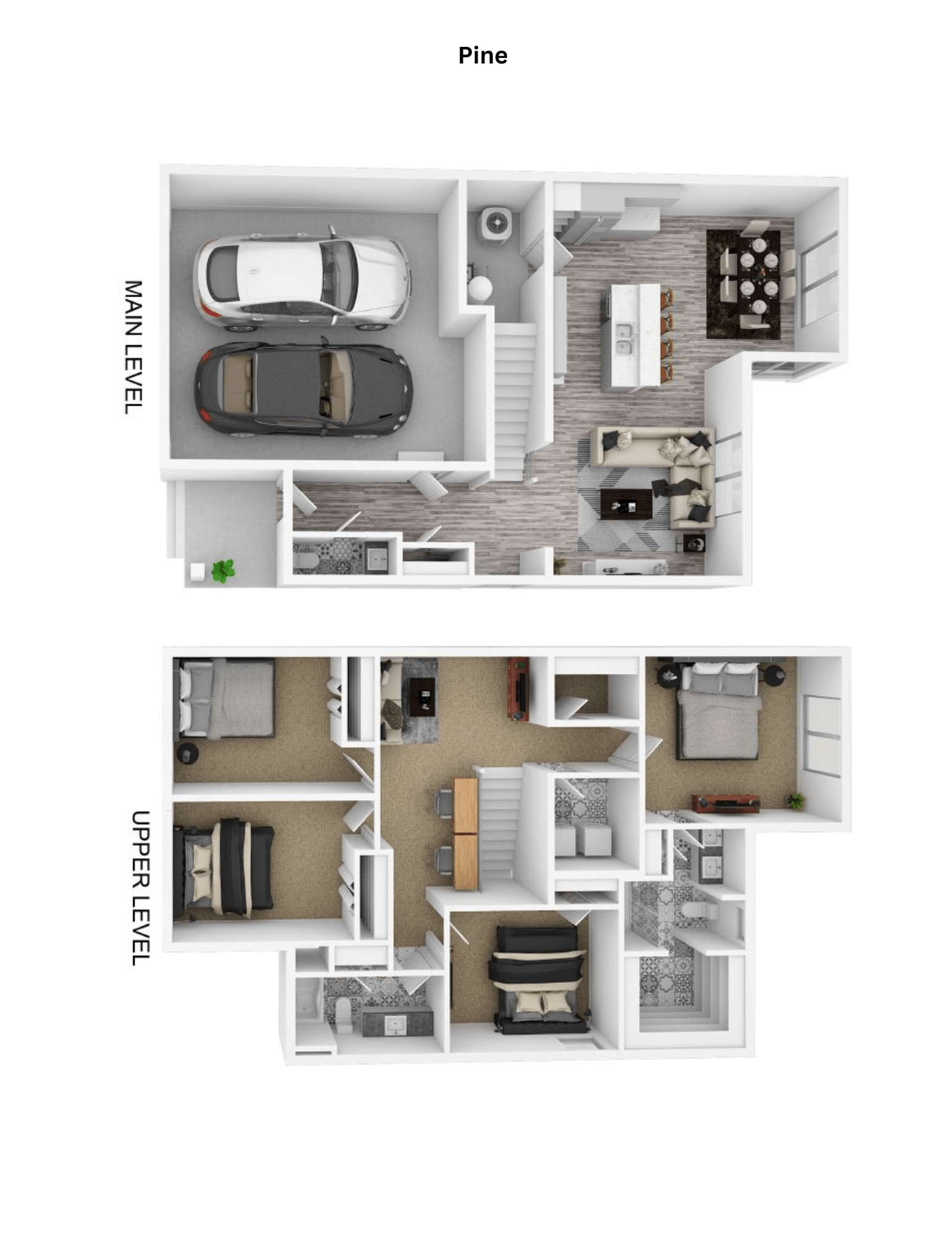 a stylized 3d drawing of a house and a floor plan with a car