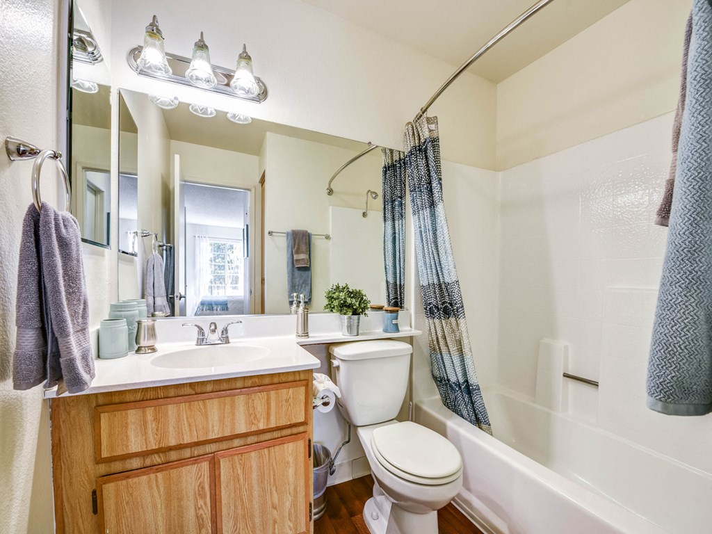 a bathroom with a toilet sink and tub and a mirror
