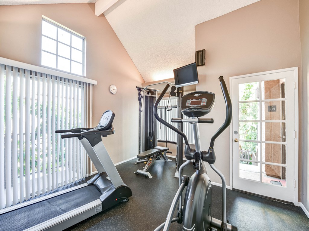 the gym has a large window and plenty of exercise equipment