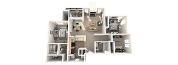 a 3d rendering of a floor plan with bedrooms and a living room