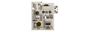 A 3D floor plan of a house with a living room, kitchen, and bathroom.
