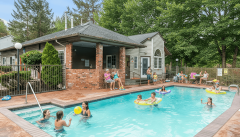Apartments In Everett, WA, For Rent - Woodbrook - Gated Outdoor Pool Surrounded By Lush Greenery.