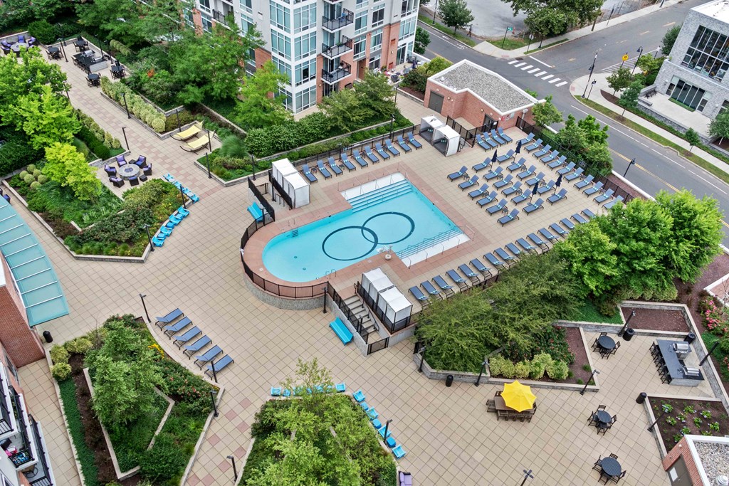 aerial view of pool and courtyard