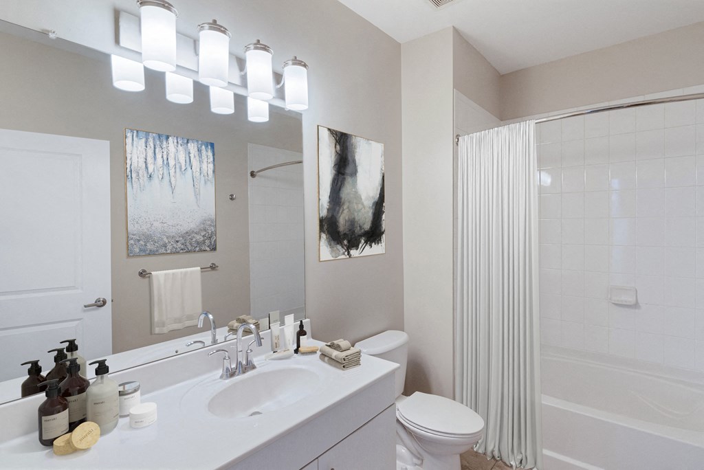 bathroom with vanity and tub shower