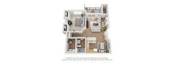 A 3D floor plan of a house with a kitchen, living room, and two bedrooms.
