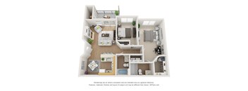 A 3D floor plan of a house with a kitchen, living room, and bathroom.
