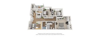 A 3D floor plan of a house with a kitchen, living room, and bedrooms.