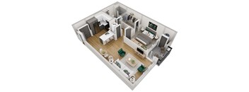 a 3d floor plan of a home with a bedroom and a living room