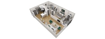 a 3d floor plan of a home with a bedroom and living room