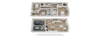 a 3d floor plan of a 3 bedroom apartment