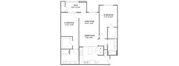 A floor plan of a house with a deck, two bedrooms, a living room, and a dining room.