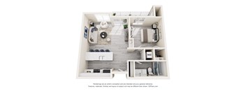 A 3D floor plan of a small apartment with a living room, kitchen, and bathroom.