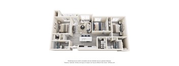 A 3D floor plan of a house with a kitchen, living room, and two bedrooms.