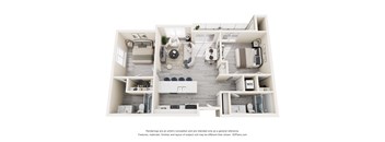 A 3D floor plan of a small apartment with a living room, kitchen, and bathroom.