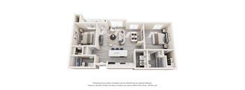 A 3D floor plan of a house with a kitchen, living room, and two bedrooms.