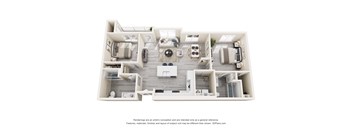 A 3D floor plan of a house with a kitchen, living room, and bedrooms.