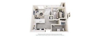 A 3D floor plan of a small apartment with a kitchen, living room, and bathroom.