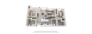 A 3D floor plan of a house with a kitchen, living room, and two bedrooms.