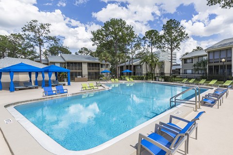 A large swimming pool with blue loungers and umbrellas.