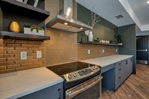 A modern kitchen with a stove top oven and a range hood.