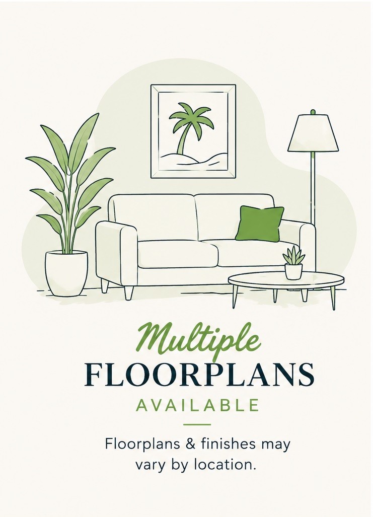 A poster advertising multiple floor plans available, with a drawing of a living room in the background.