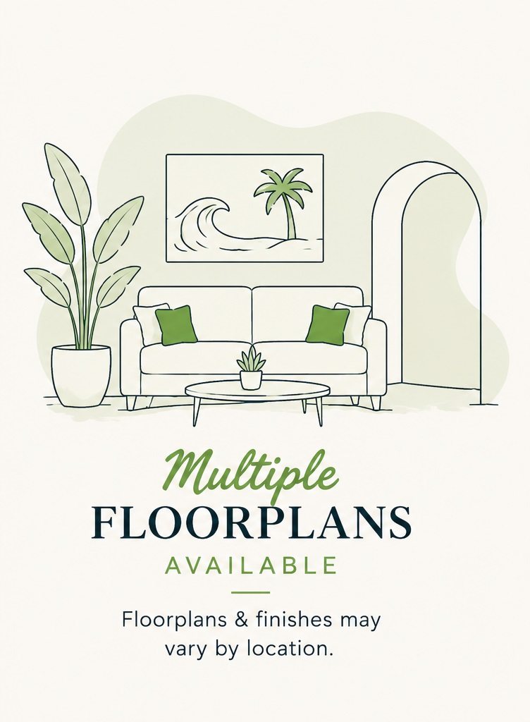 A poster advertising multiple floor plans available, with a sofa and plant in the background.