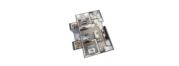A 3D floor plan of a house with multiple rooms.