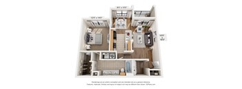 A 3D floor plan of a house with a kitchen, living room, and bathroom.