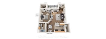 A floor plan of a small apartment with a kitchen, living room, and two bedrooms.