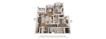 A floor plan of a two-bedroom apartment with a living room, kitchen, and bathroom.