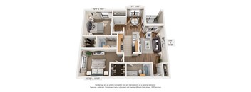 A 3D floor plan of a house with a living room, kitchen, and bathrooms.