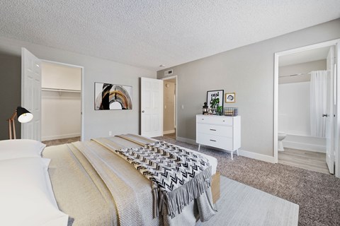 a bedroom with a large bed and a closet