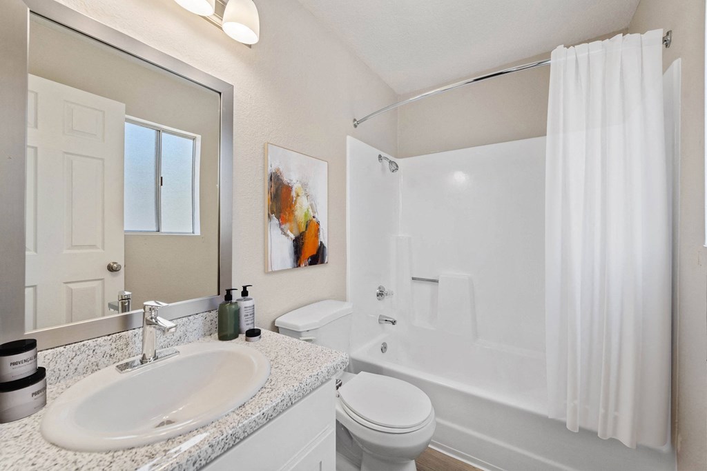 the preserve at ballantyne commons apartment bathroom with sink toilet and shower