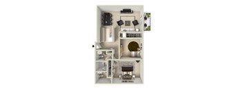 A 3D floor plan of a small apartment with a living room, kitchen, and bedroom.
