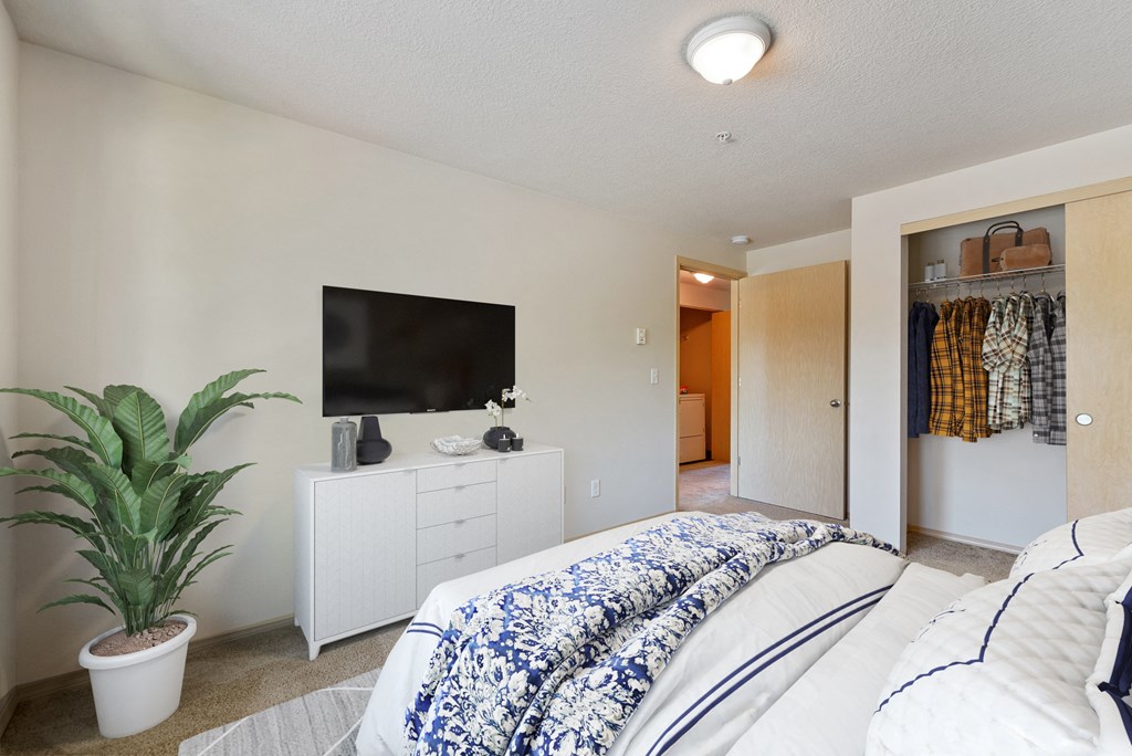 a bedroom with a bed and a dresser and a tv