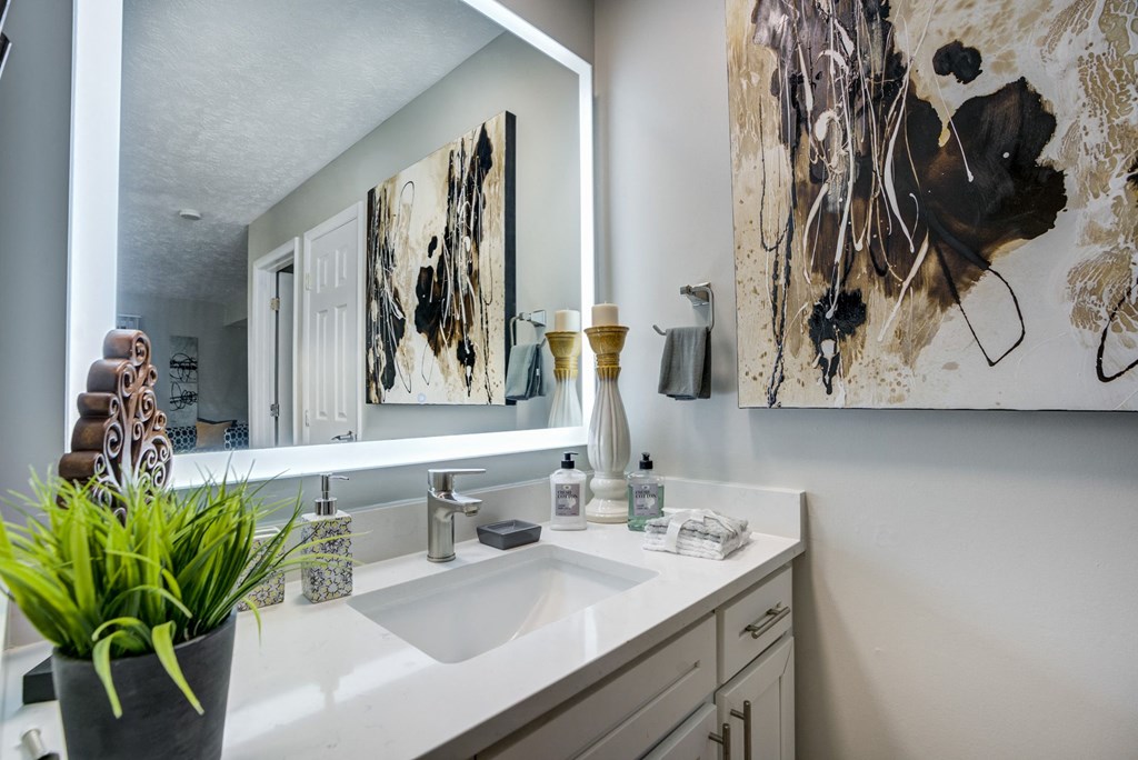 a bathroom with a sink and a mirror