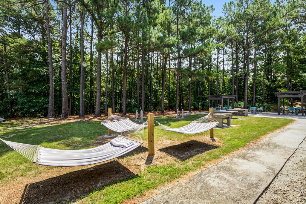 a group of hammocks on the grass in a park