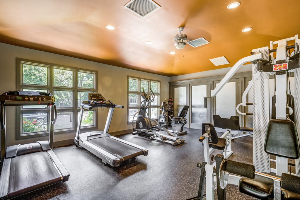 the gym has plenty of exercise equipment and windows