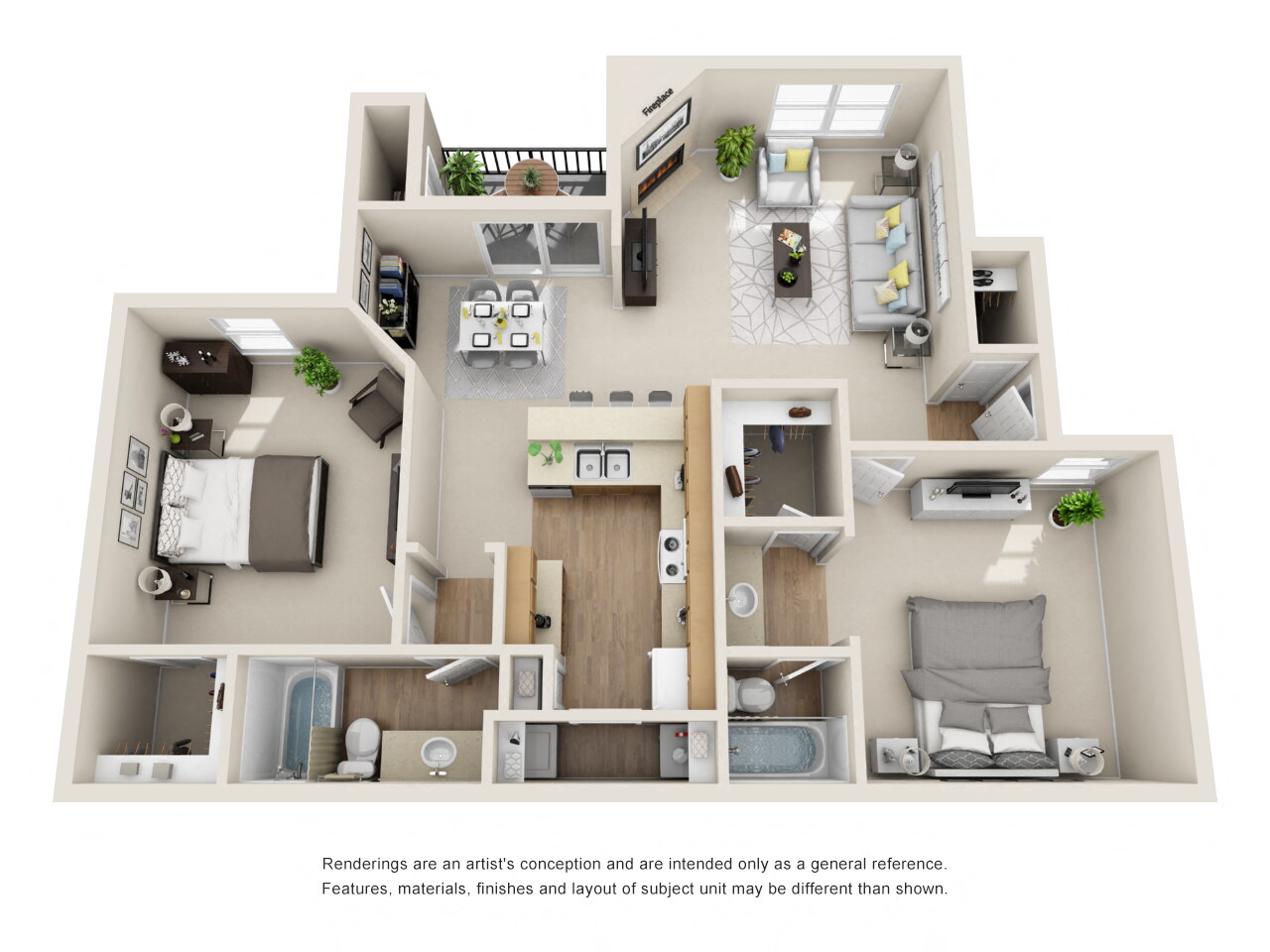 2 Bed - 2 Bath, 1050 sq ft, The Chamonix H Floor Plan