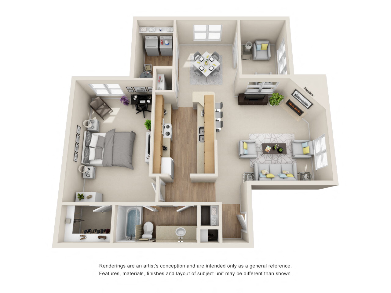 1 Bed - 1 Bath, 835 sq ft, The Mirabeau with Solarium D Floor Plan