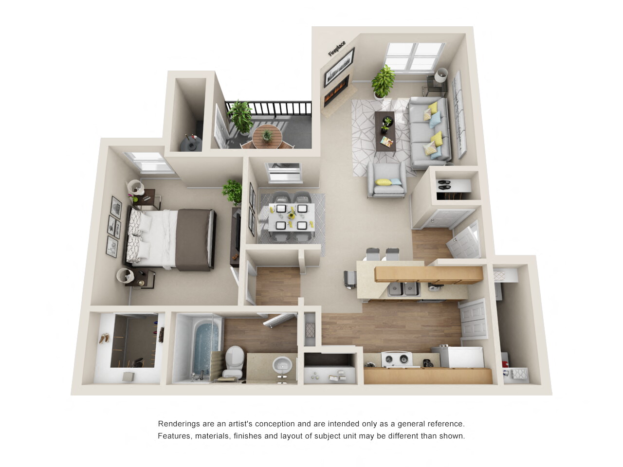 1 Bed - 1 Bath, 700 sq ft, The Mirabelle B Floor Plan
