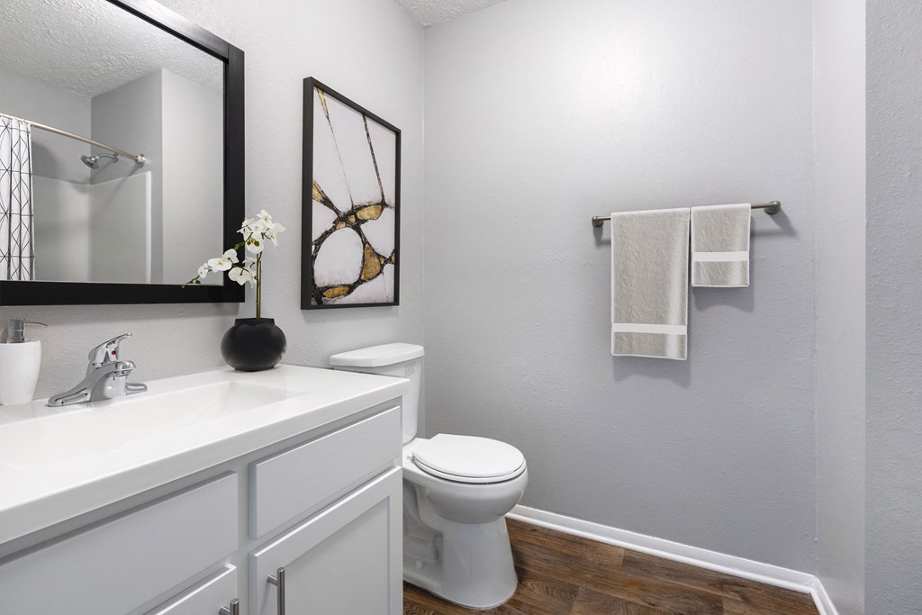 Bathroom with large mirror at Reserve at Providence apartments in Charlotte near Matthews, NC