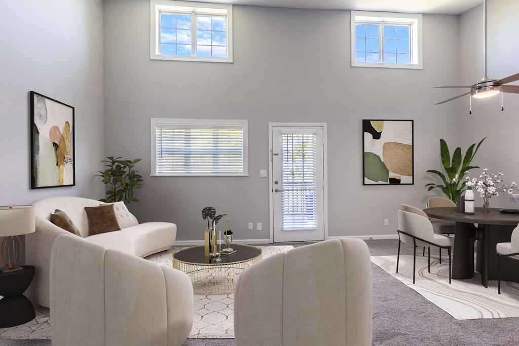 **"Large living room with lots of windows and great natural lighting at Reserve at Providence apartments in Charlotte near Matthews, NC"**
