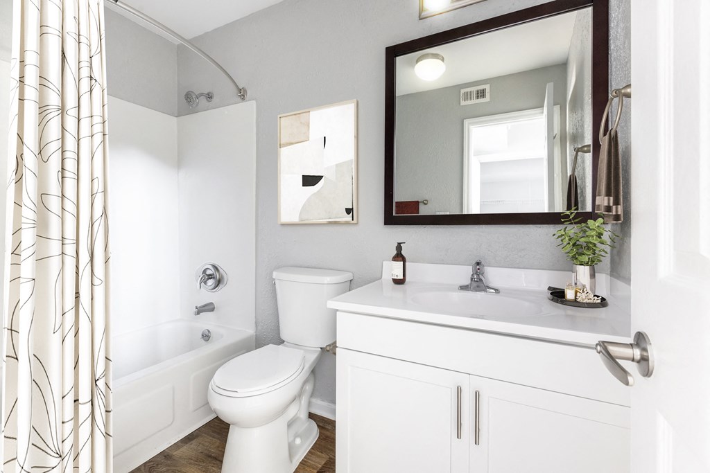 Spacious bathroom with large mirror, tub, and shower at Reserve at Providence apartments in Charlotte near Matthews, NC