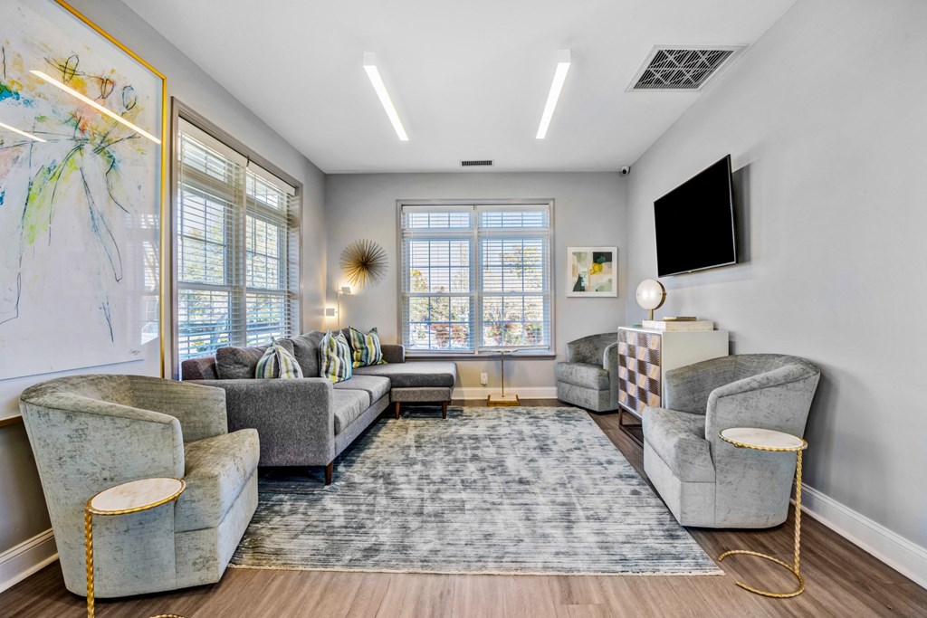 Classic apartment living room with large windows at Reserve at Providence apartments in Charlotte near Matthews, NC